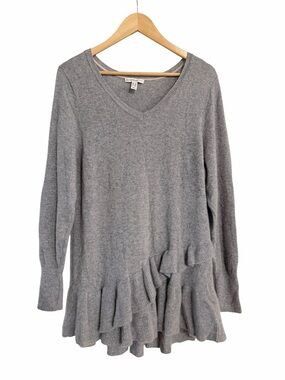 Isaac Mizrahi Live Cashmere Sweater Gray Ruffle Hem V-Neck Women’s Size 1X